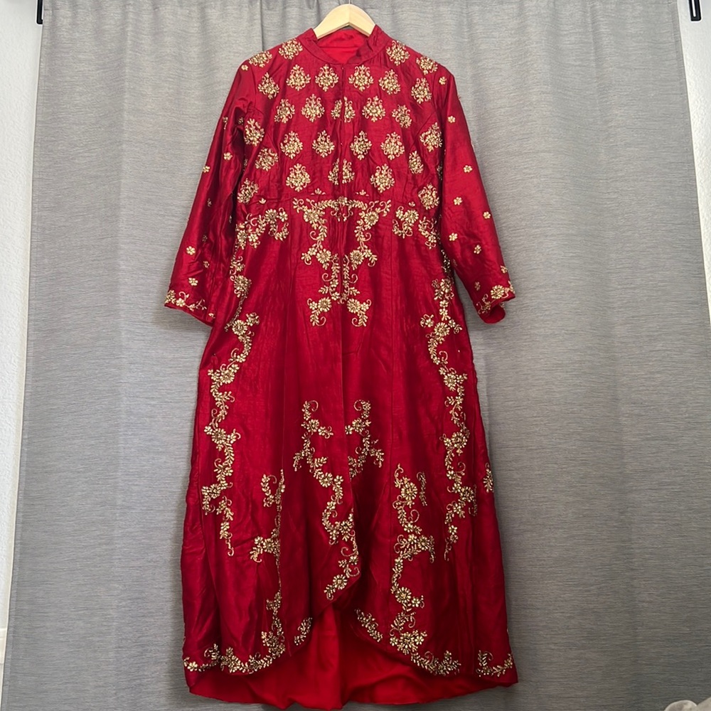 Beautiful red embroidered silk jacket with kundan work anarkali Bridal dress